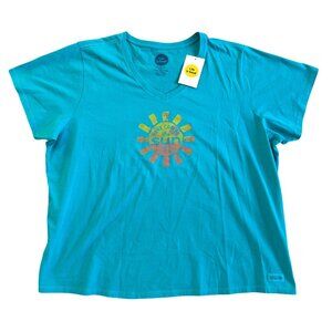Life Is Good Womens V-Neck Tee Here Comes The Sun Graphic Turquoise 100% Cotton